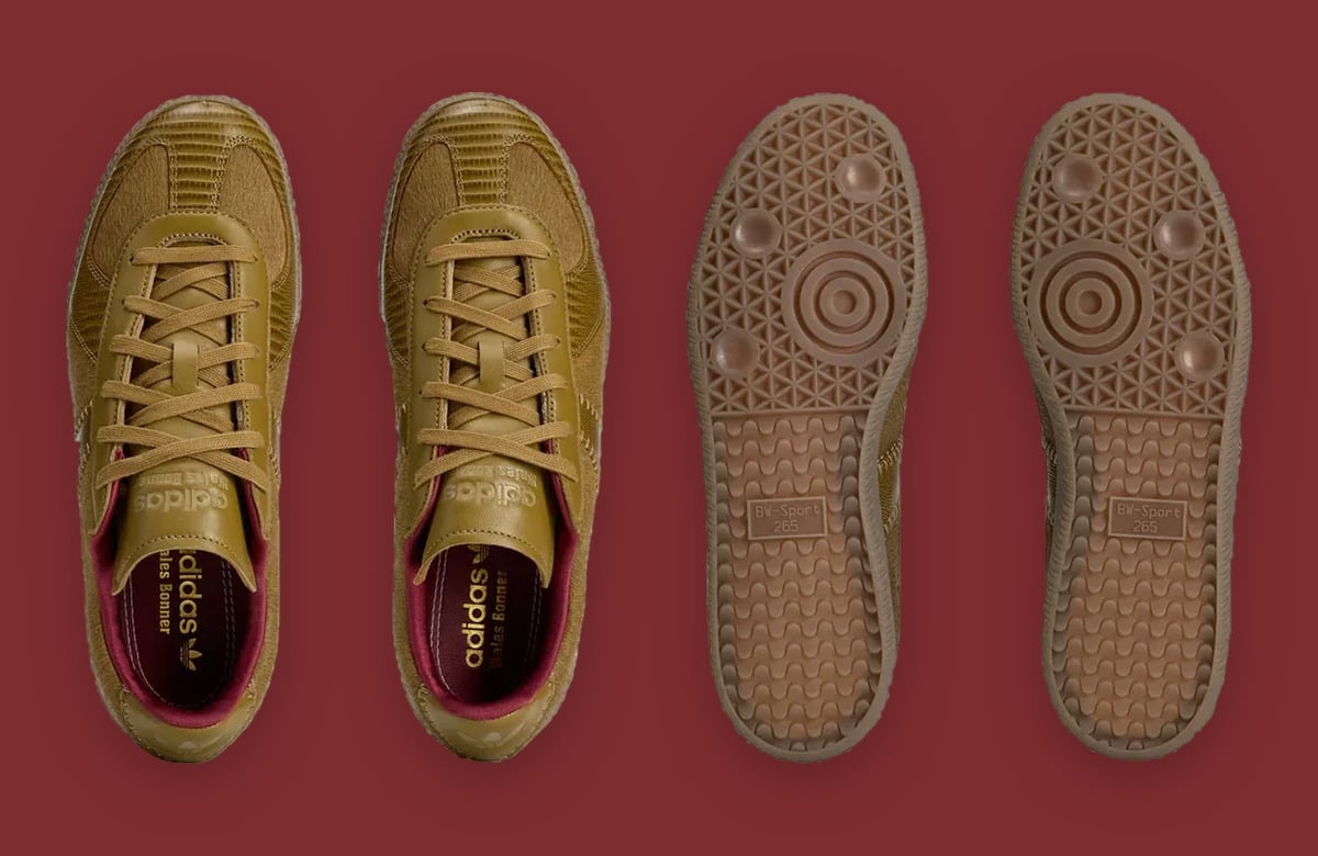Top-down pair beside outsoles, olive laces, burgundy lining, BW-Sport 265 tread patch, Khaki Pony