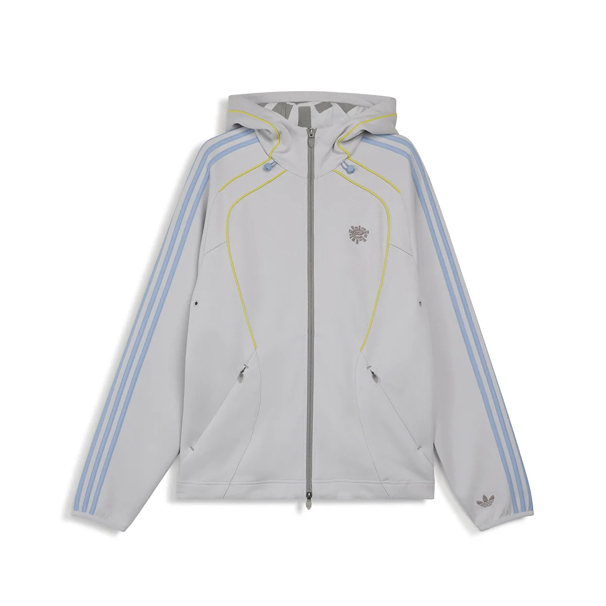 Pale grey zip hoodie with blue sleeve stripes and yellow piping, front view on white, Climacool x ADWYSD