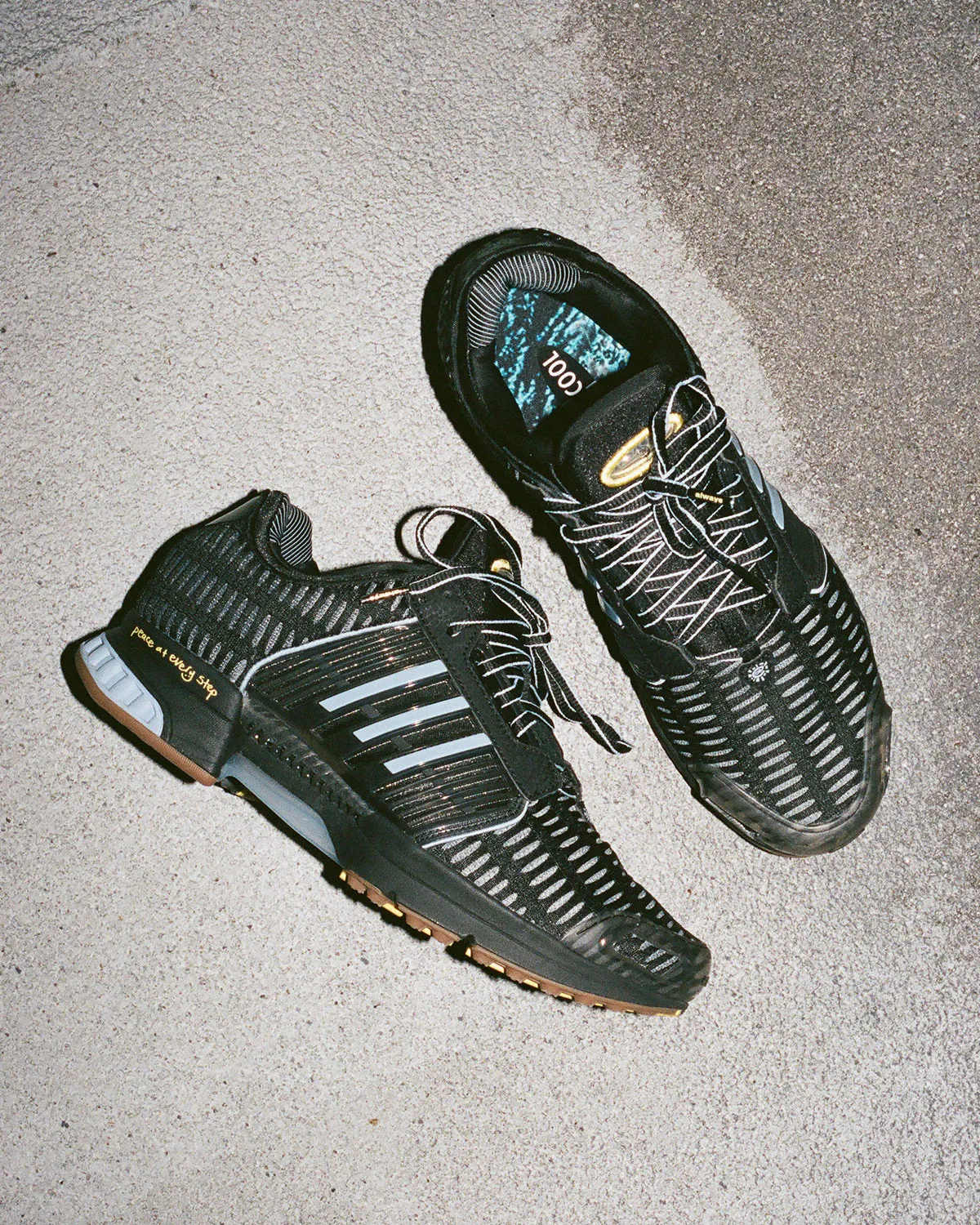 Top-down pair of black mesh sneakers with white laces on grey concrete at night, Climacool x ADWYSD