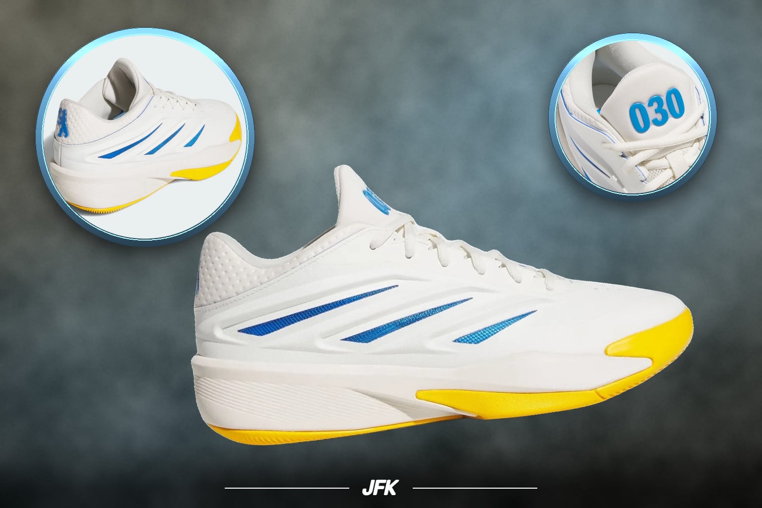 Lateral view of white sneaker with blue stripes and yellow outsole, plus heel, adidas Crazy Energy PE “Wagner Brothers”