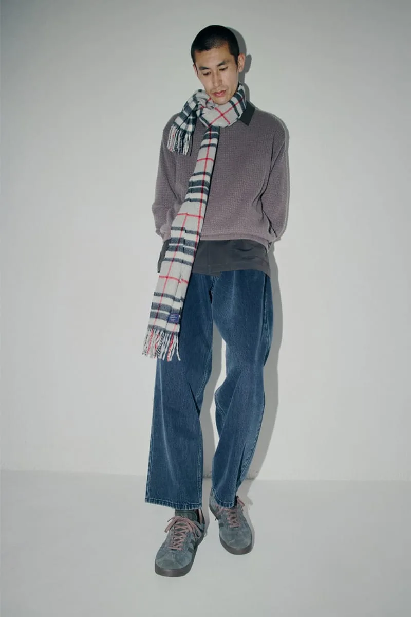 On-foot full-length look with plaid scarf, blue jeans and gray suede sneakers, Charcoal Gray