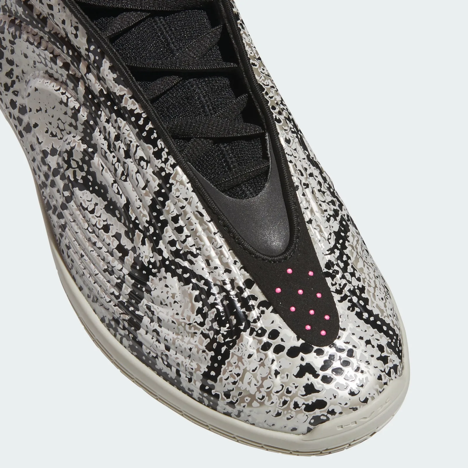 Toe detail, black laces, dark overlay with pink dots, black and cream snakeskin print, Snakeskin