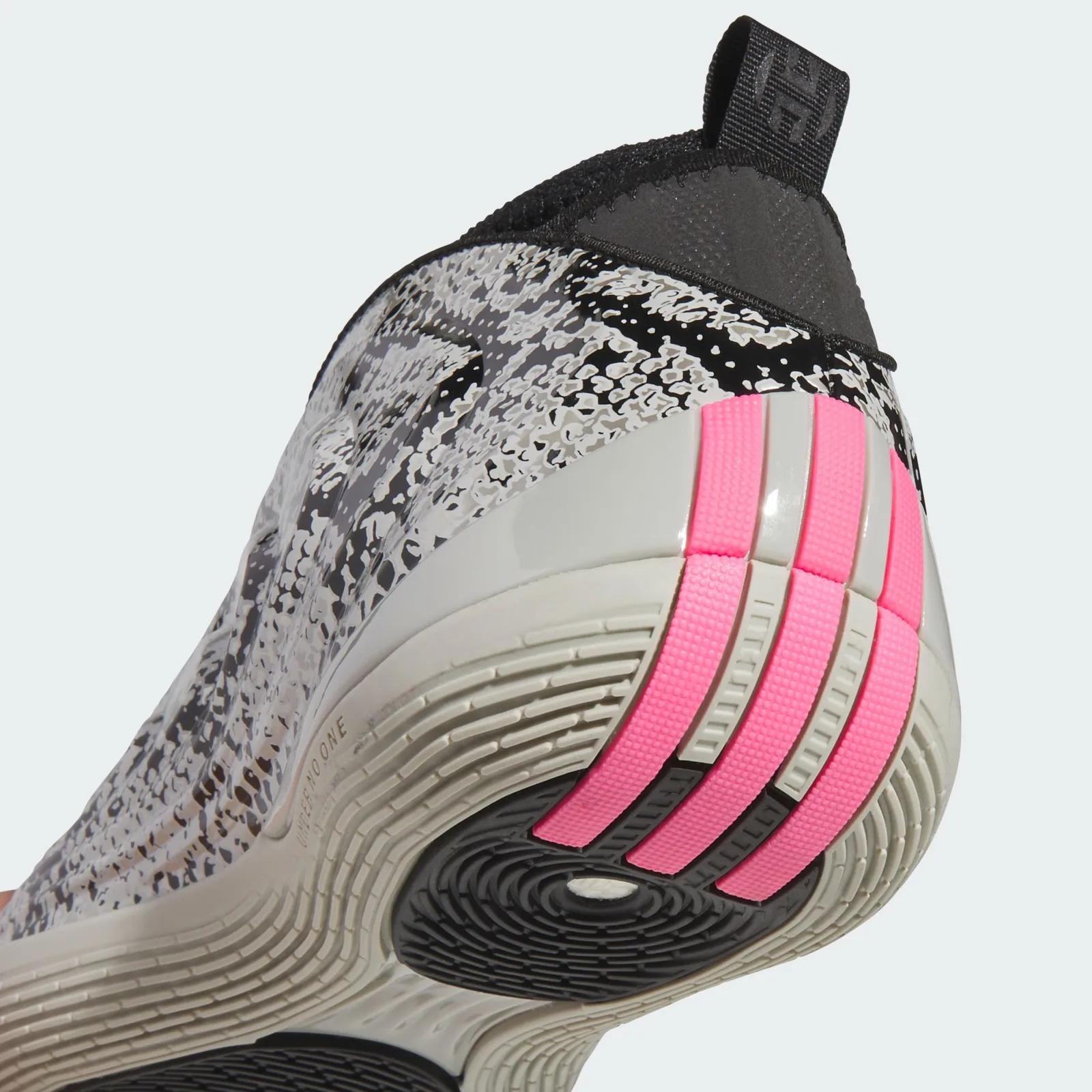 Heel detail, pink and cream stripes on sole, snakeskin upper, black pull tab with logo, Snakeskin