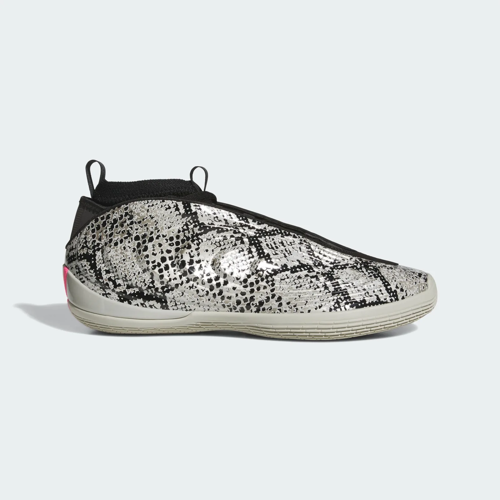 Lateral view, snakeskin-print upper, tan sole and pink heel tab on white background, Snakeskin
