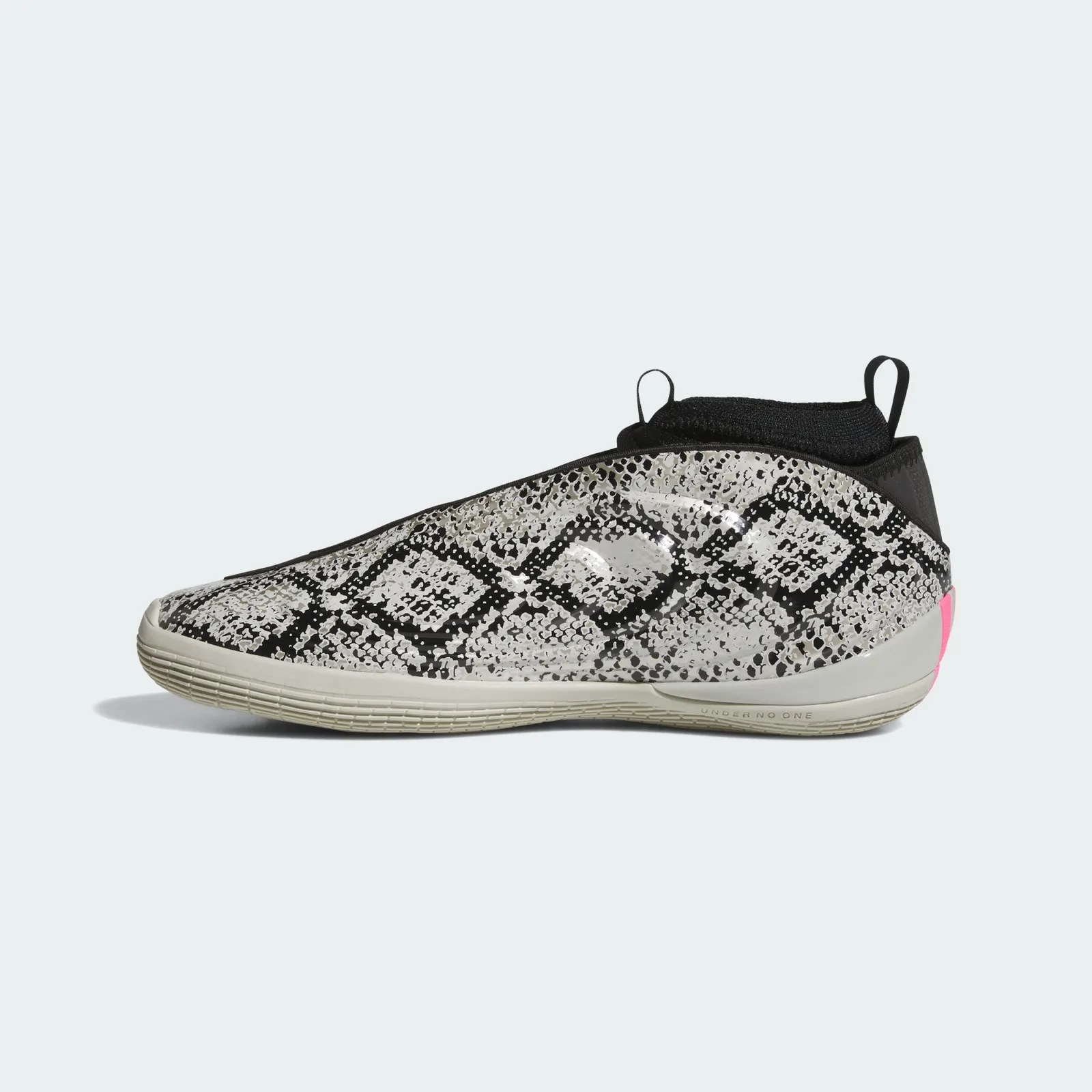 Medial view, diamond snakeskin pattern, cream midsole with pink heel tab and 'Under no one' text, Snakeskin