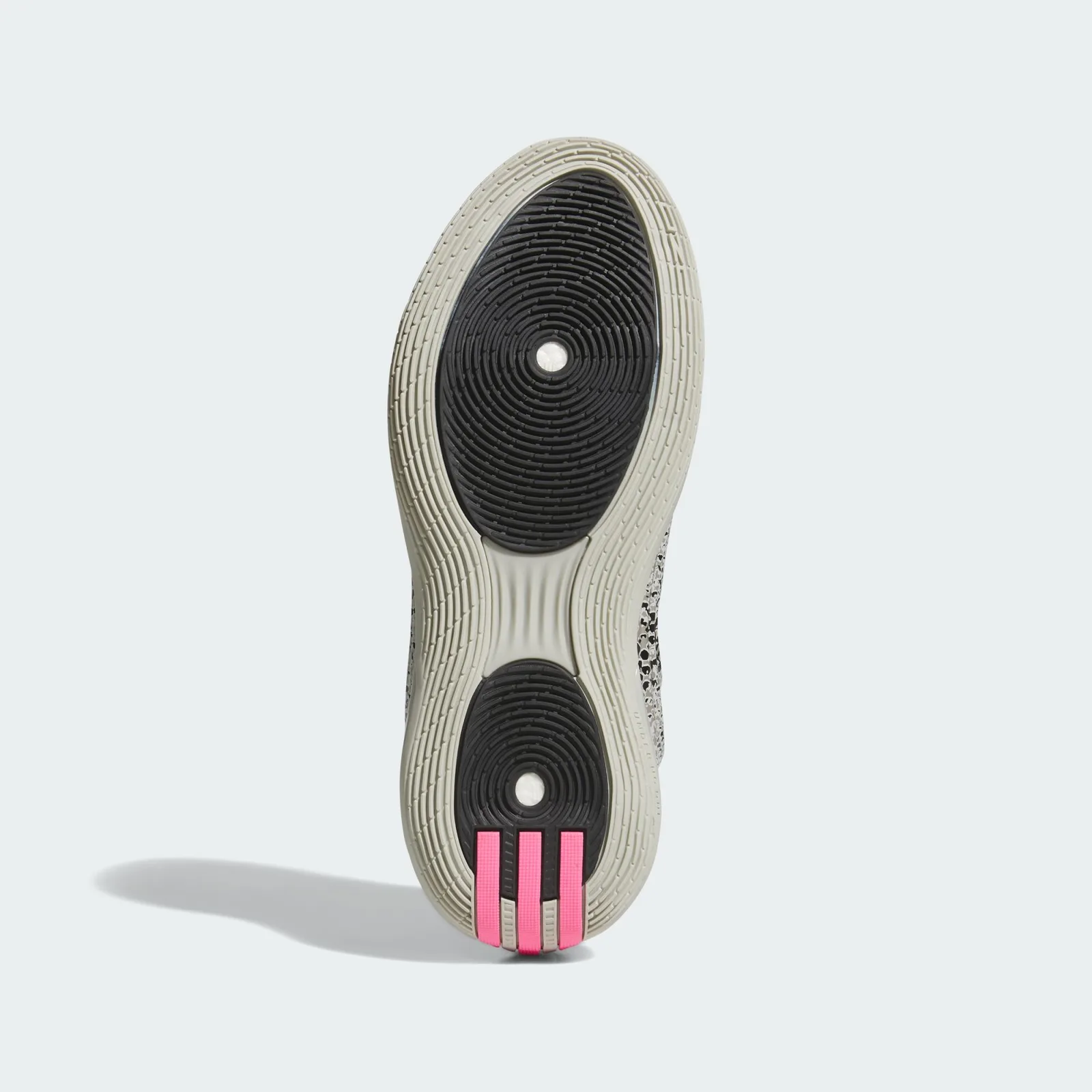Outsole view, black circular tread, cream rim and three pink stripes at heel, Snakeskin