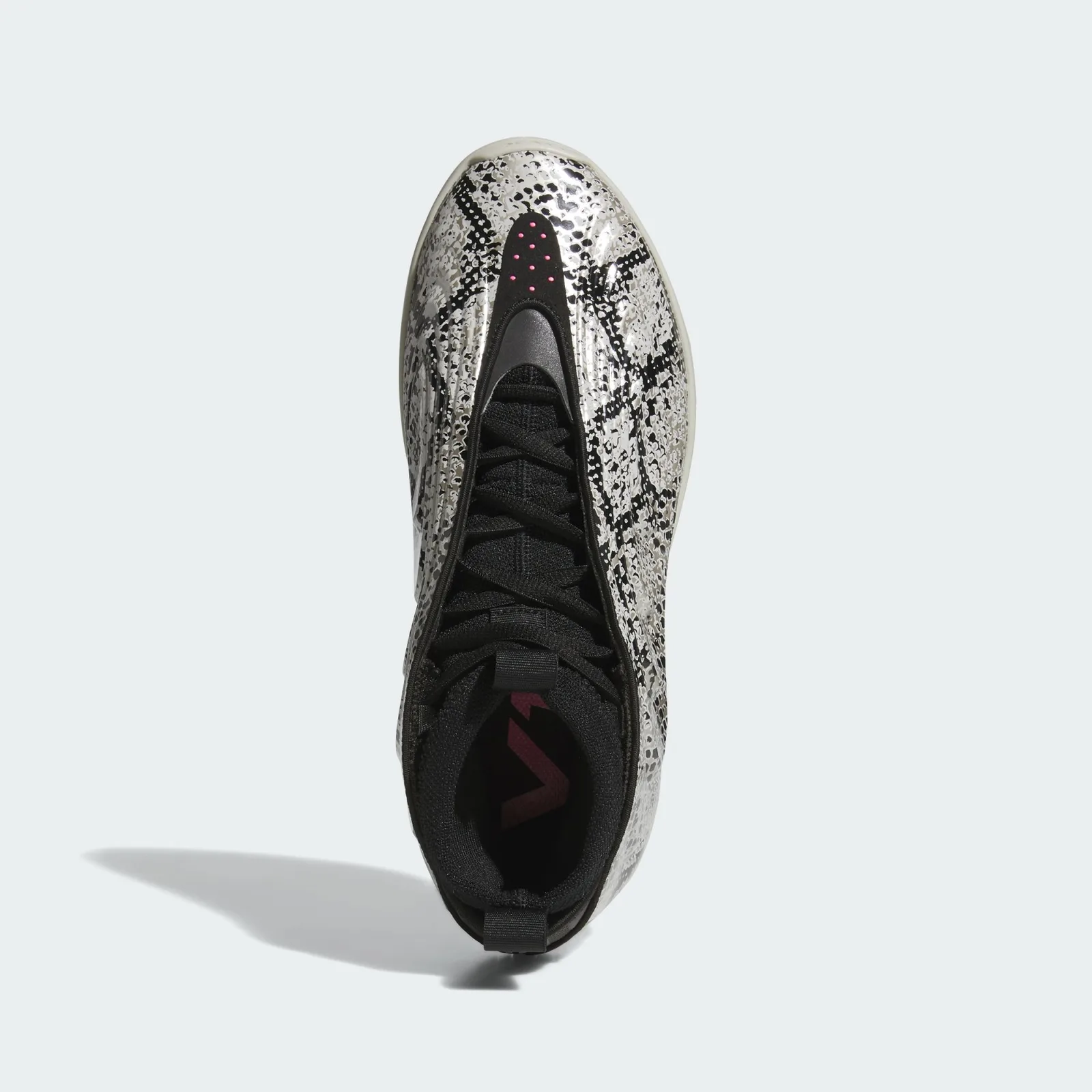 Top-down view, black laces and pull tabs, pink-dotted toe overlay, pink logo on insole, Snakeskin