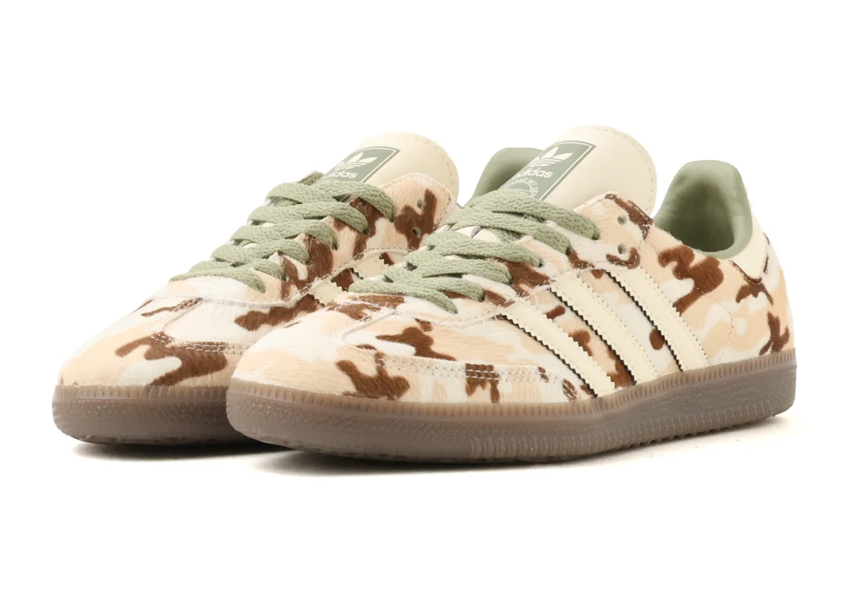 Pair at three-quarter angle with sage laces, cream stripes, brown camo pony hair and gum soles, Camo Cow Print