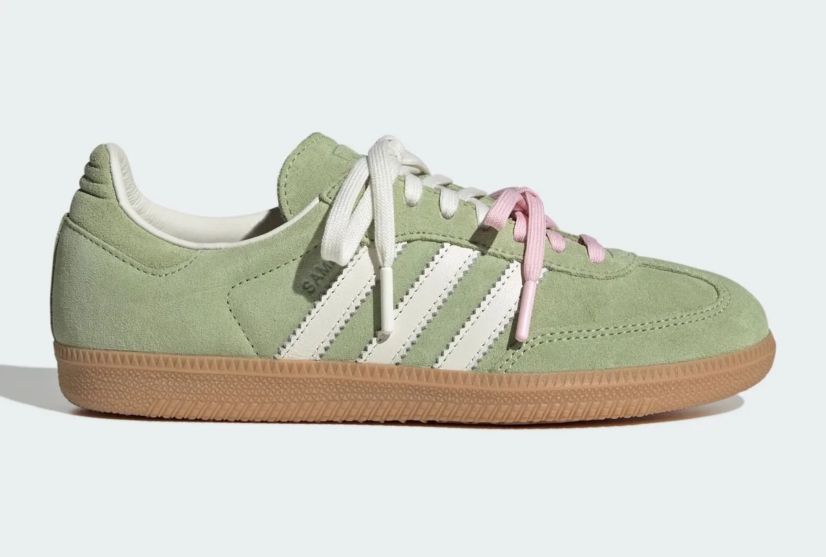 Lateral view of green suede sneaker with cream stripes, pink and cream laces, gum sole, Matcha