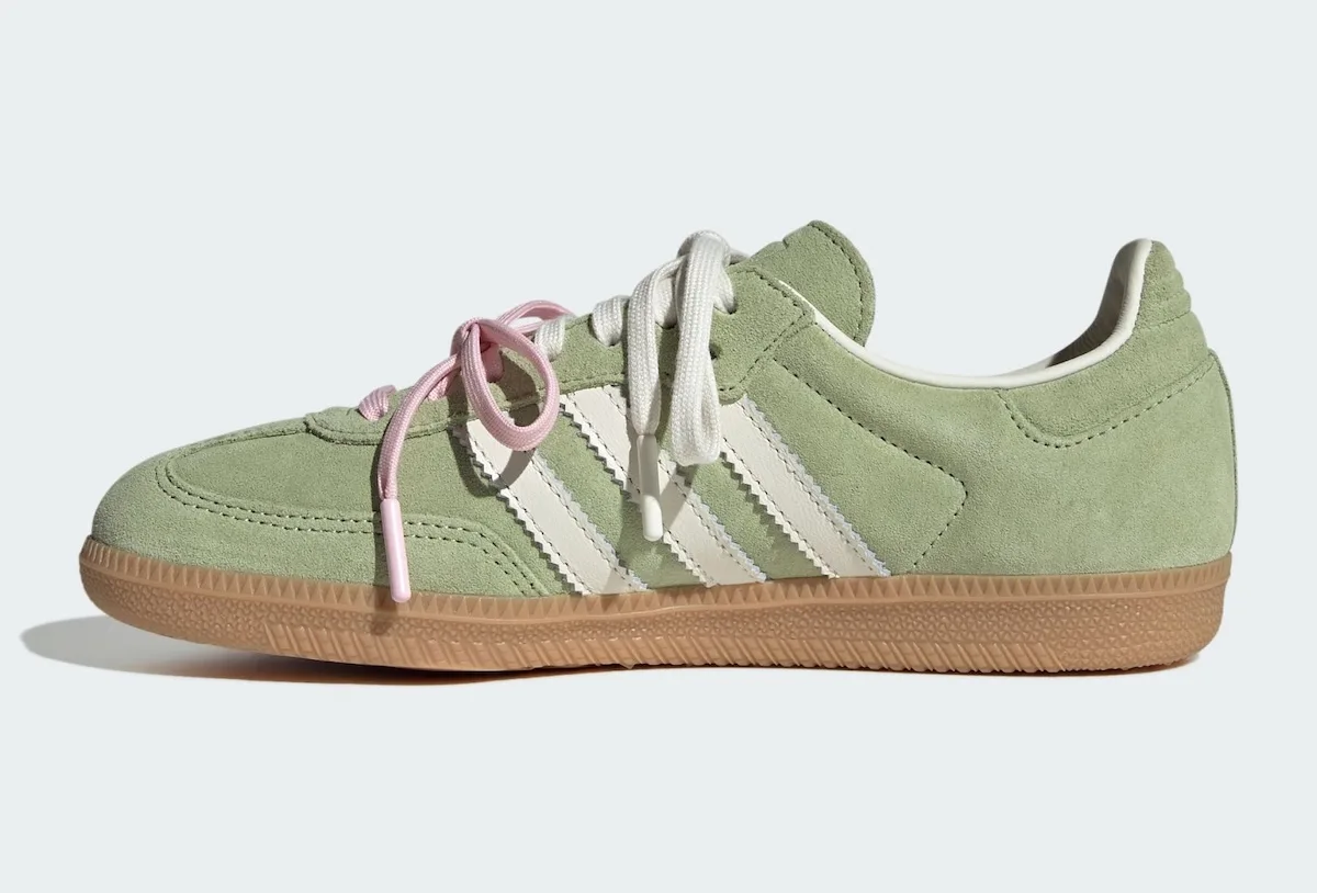 Medial view of green suede sneaker with looped pink and cream laces, gum sole, Matcha