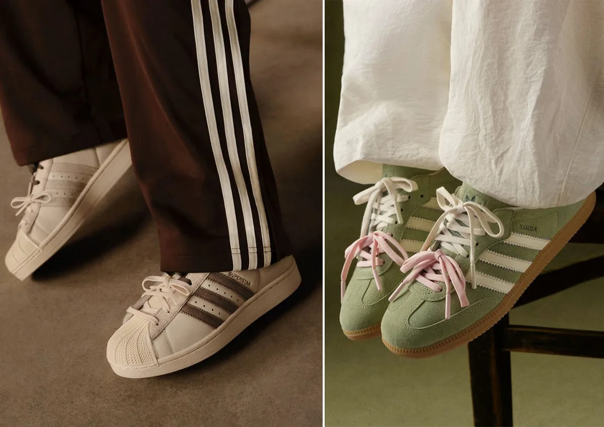 Split on-foot shots: cream Superstar by brown track pants, green Samba with pink laces, Matcha
