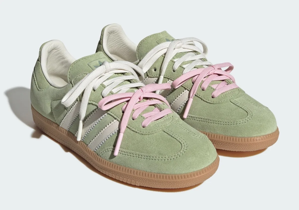 Pair in three-quarter view, green suede with big cream and pink bow laces, gum soles, Matcha