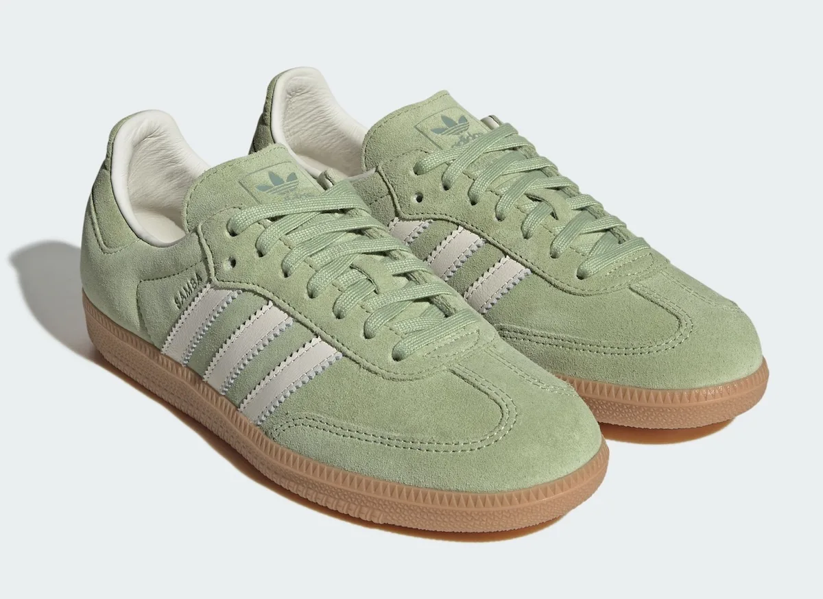 Pair in three-quarter view, green suede with matching green laces, cream stripes, gum soles, Matcha