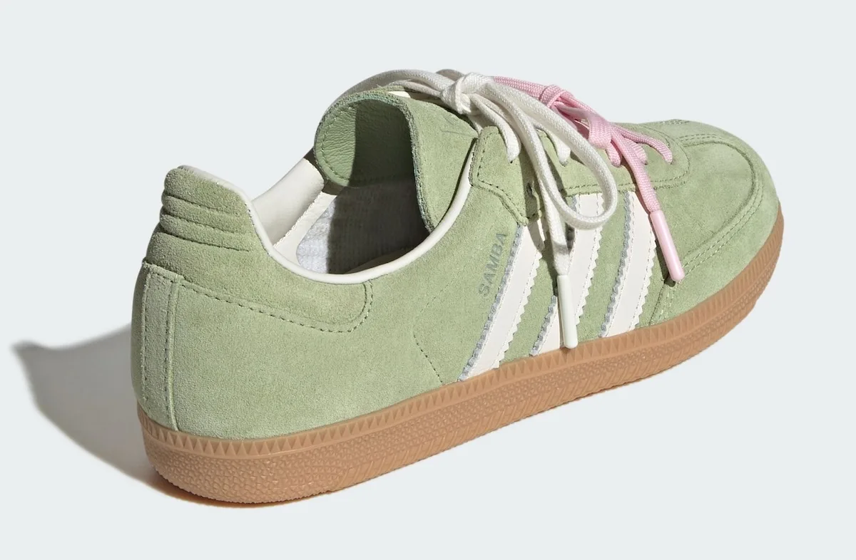Rear three-quarter view of green suede heel, SAMBA text, cream stripes, gum sole, Matcha