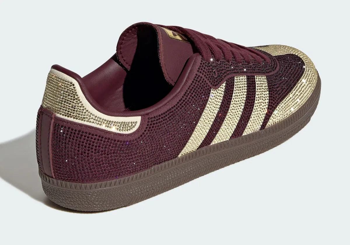 Heel and lateral view, gold crystal heel tab and stripes on maroon, gum sole, Rhinestone