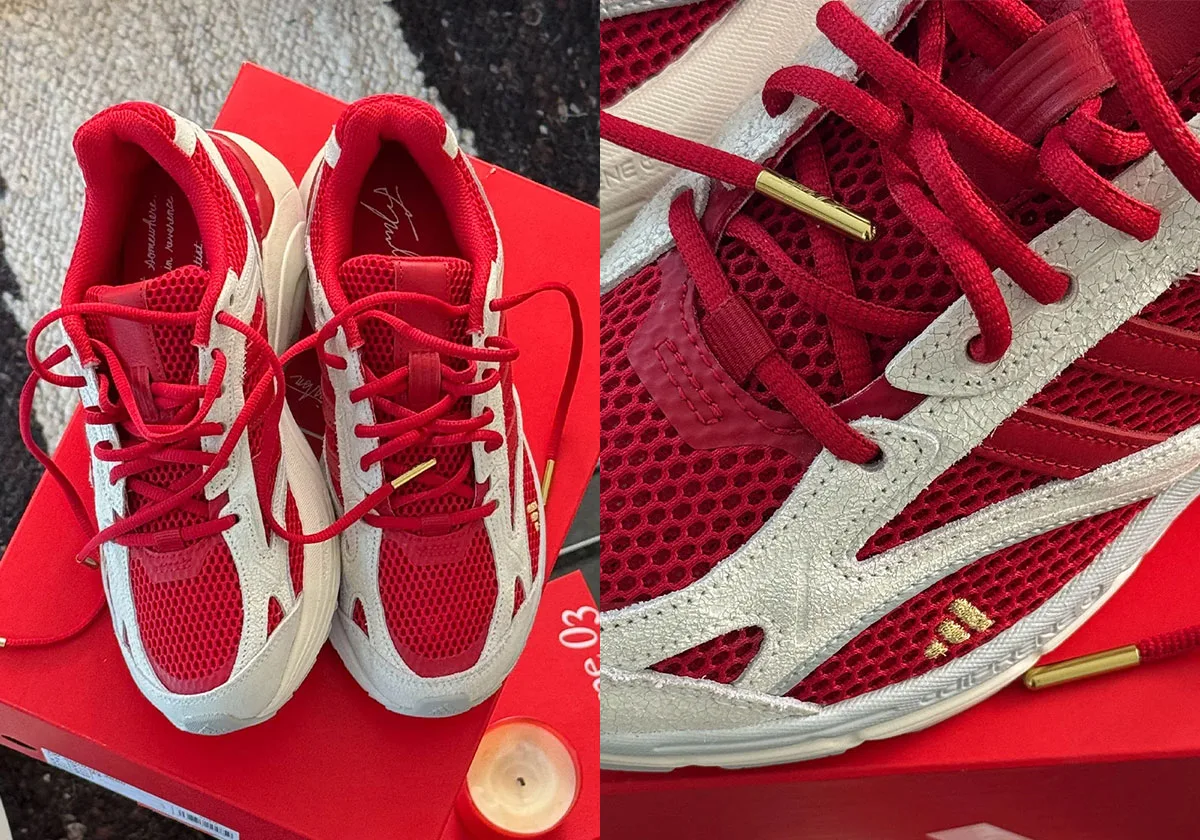 Pair on red box beside a candle, with close-up of gold lace tip and gold logo, x Tyrrell Winston