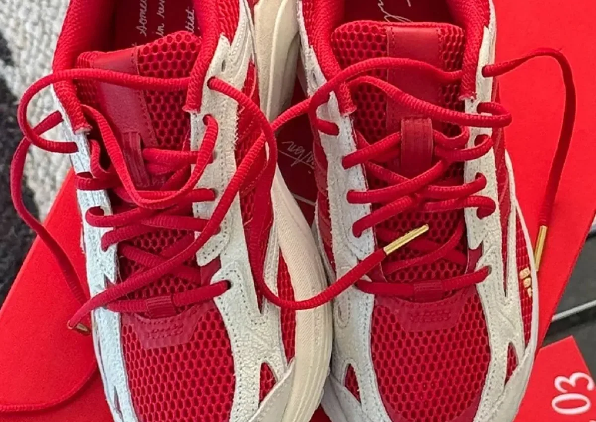 Top-down detail of red laces, red mesh and cracked white overlays on a red box, x Tyrrell Winston