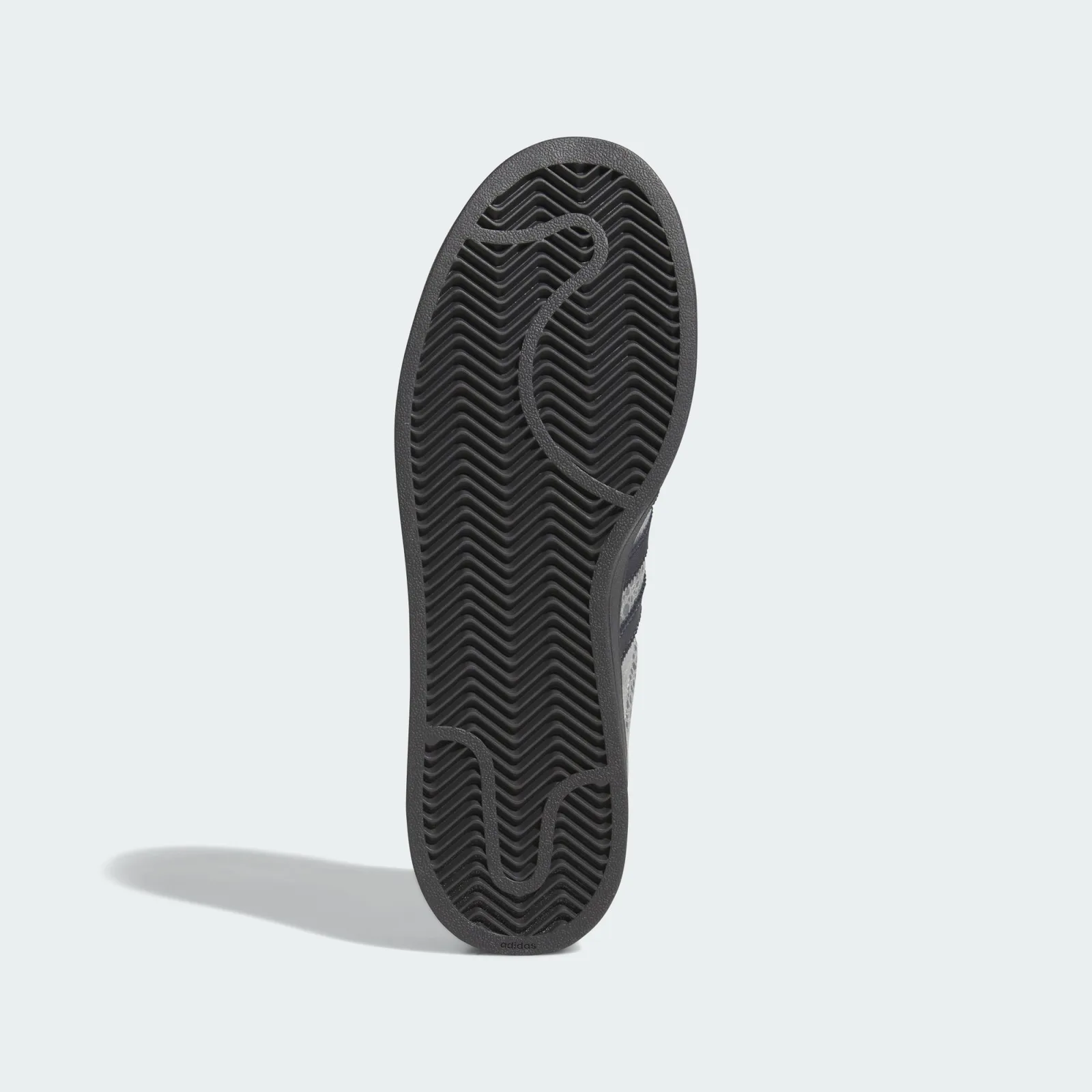 outsole view, black chevron tread pattern with adidas text, Stone