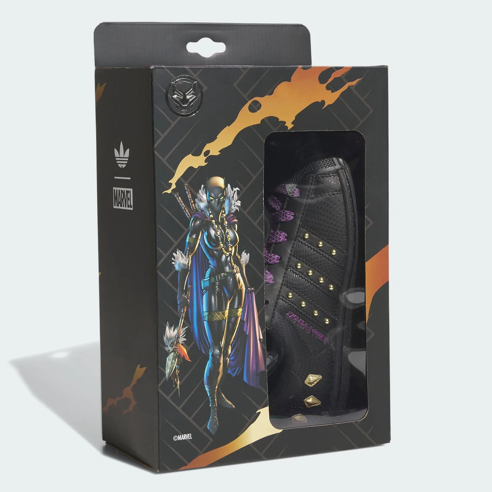 Packaging with Marvel character artwork and a window showing the black sneaker, Black Panther