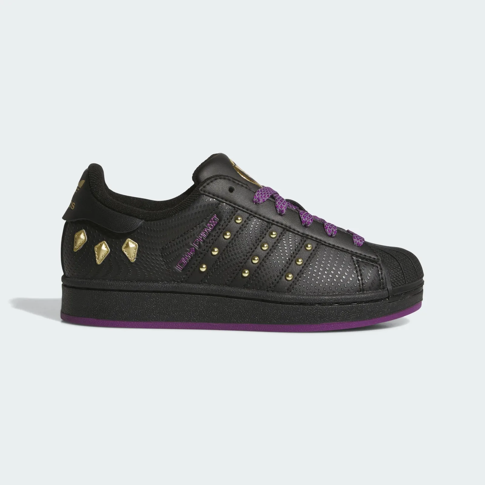 Lateral view with gold-studded stripes and purple lettering on a black upper, Black Panther