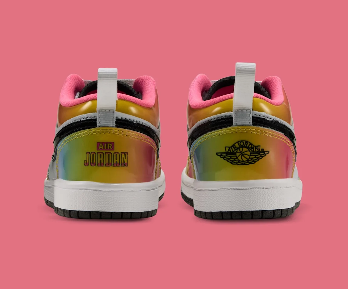 Heel view of pair on pink, rainbow heel tabs with Air Jordan text and Wings logo, Lola Bunny