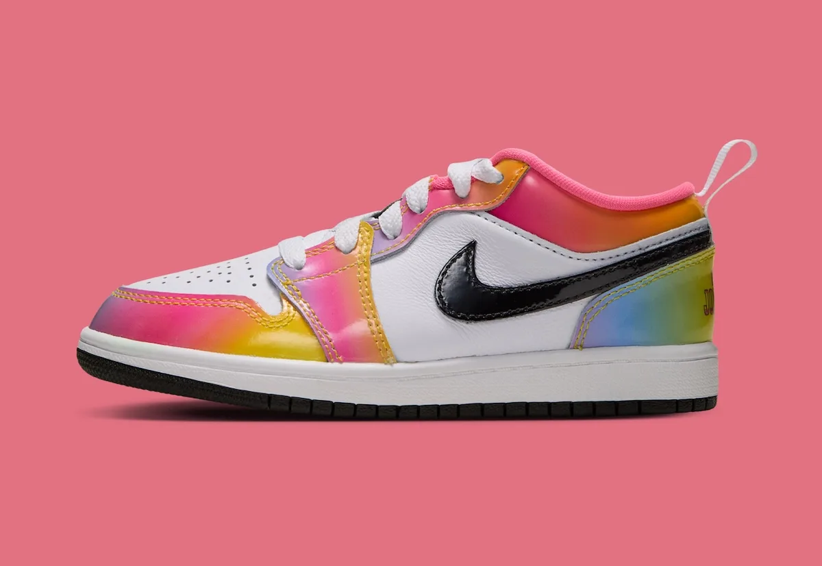 Lateral view on pink, white leather with black patent swoosh and rainbow gradient overlays, Lola Bunny