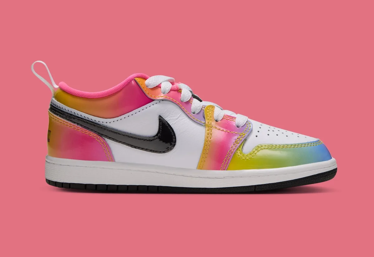 Medial view on pink, black patent swoosh, rainbow toe and heel panels, white pull loop, Lola Bunny