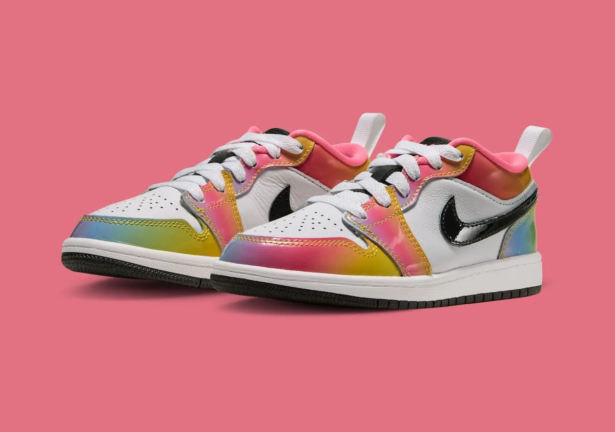 Pair in three-quarter view on pink, rainbow overlays, white laces and pink collar, Lola Bunny