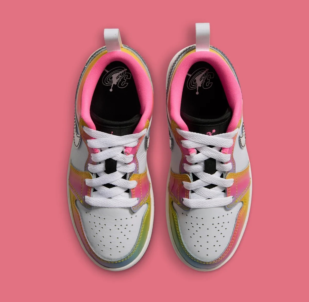 Top-down view of pair, white laces, pink collar and insoles with Jordan graphic, Lola Bunny