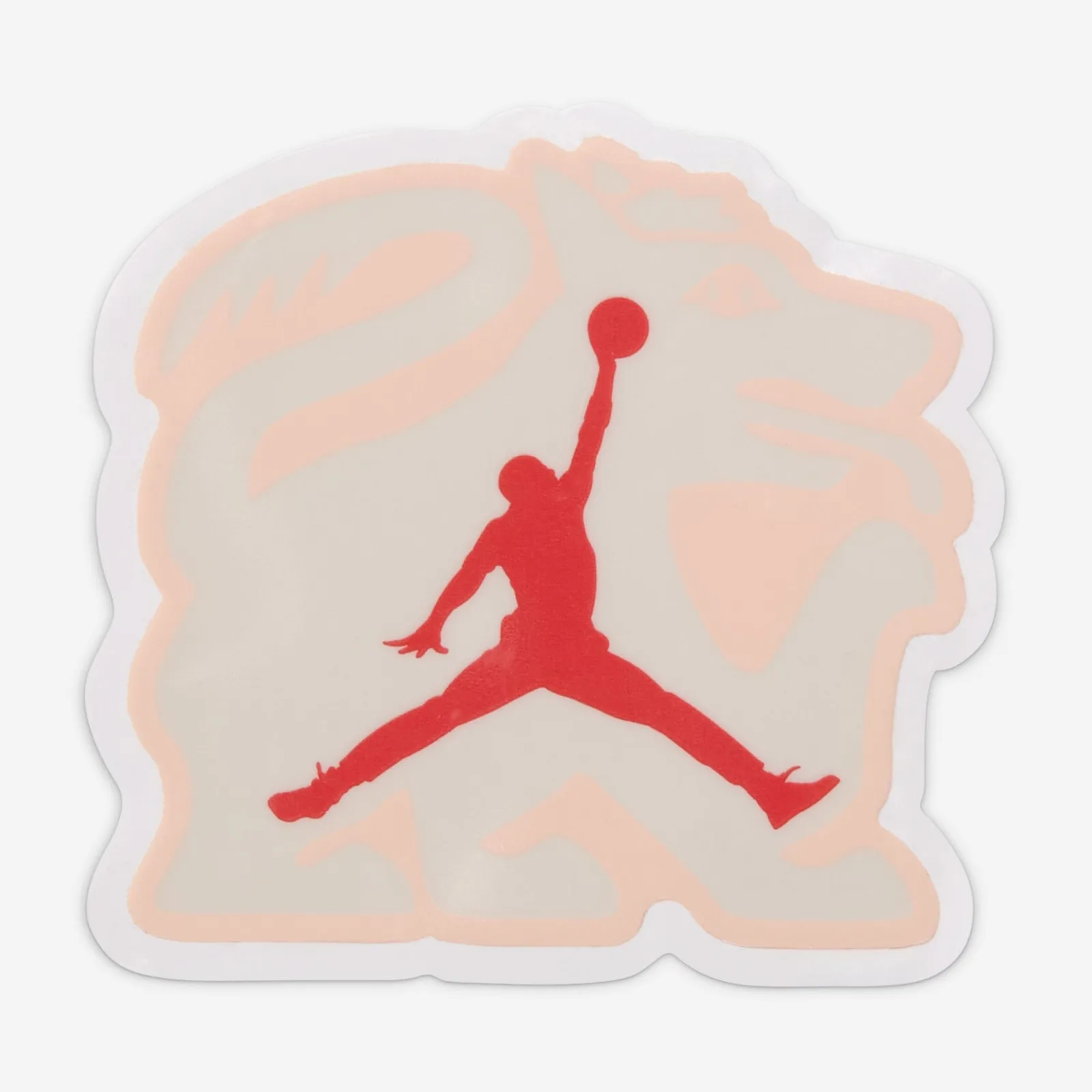 Sticker with red Jumpman silhouette over a cream and peach illustrated creature graphic, Somos Historias