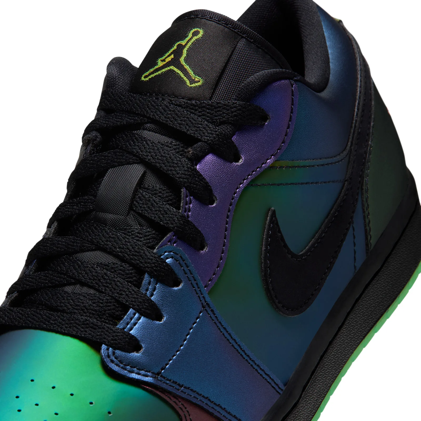 Detail of laces, tongue and swoosh with green Jumpman on tongue, iridescent blue-purple panels, Air Bugs