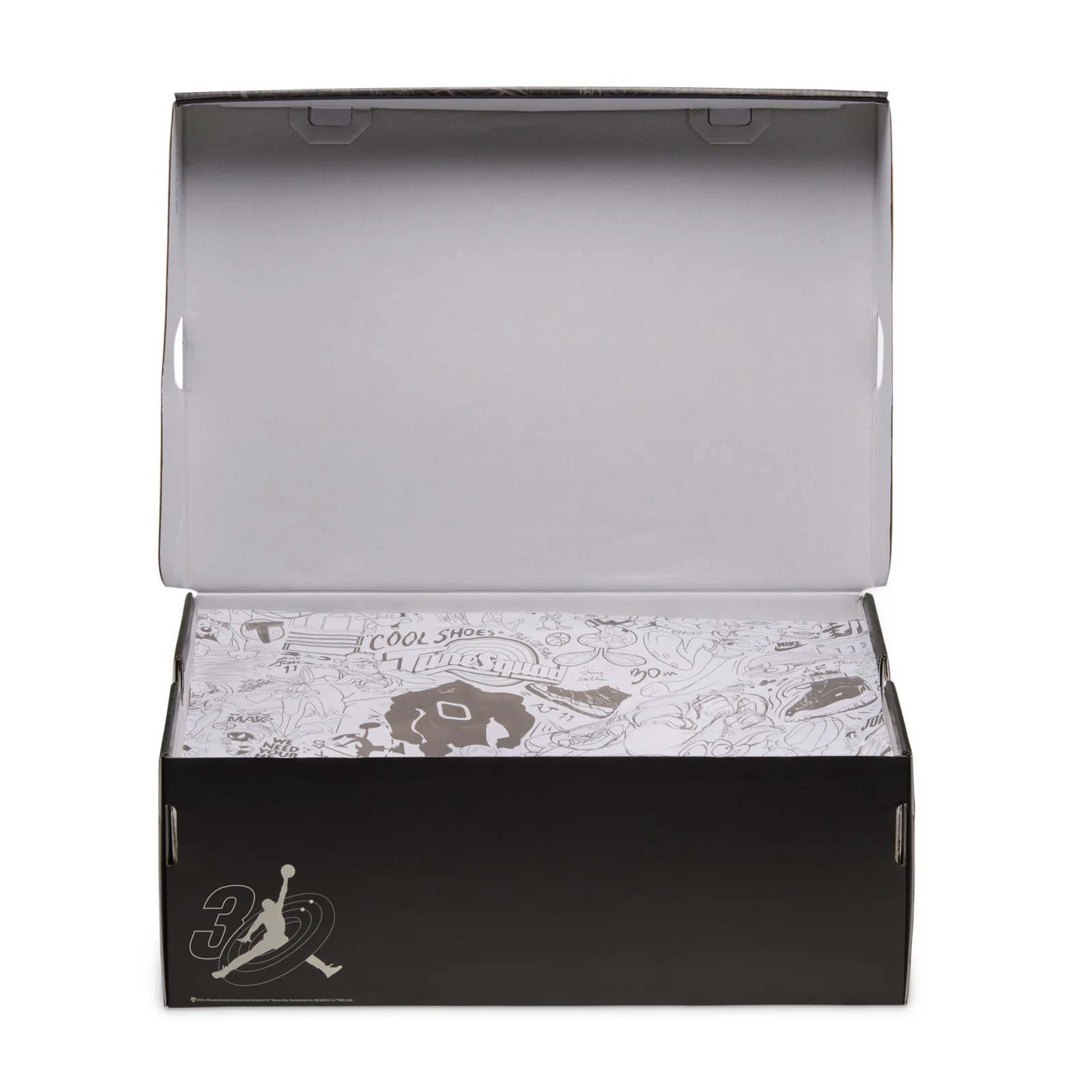 Open shoebox showing white tissue printed with cartoon sketches and a '30' Jumpman logo, Air Bugs