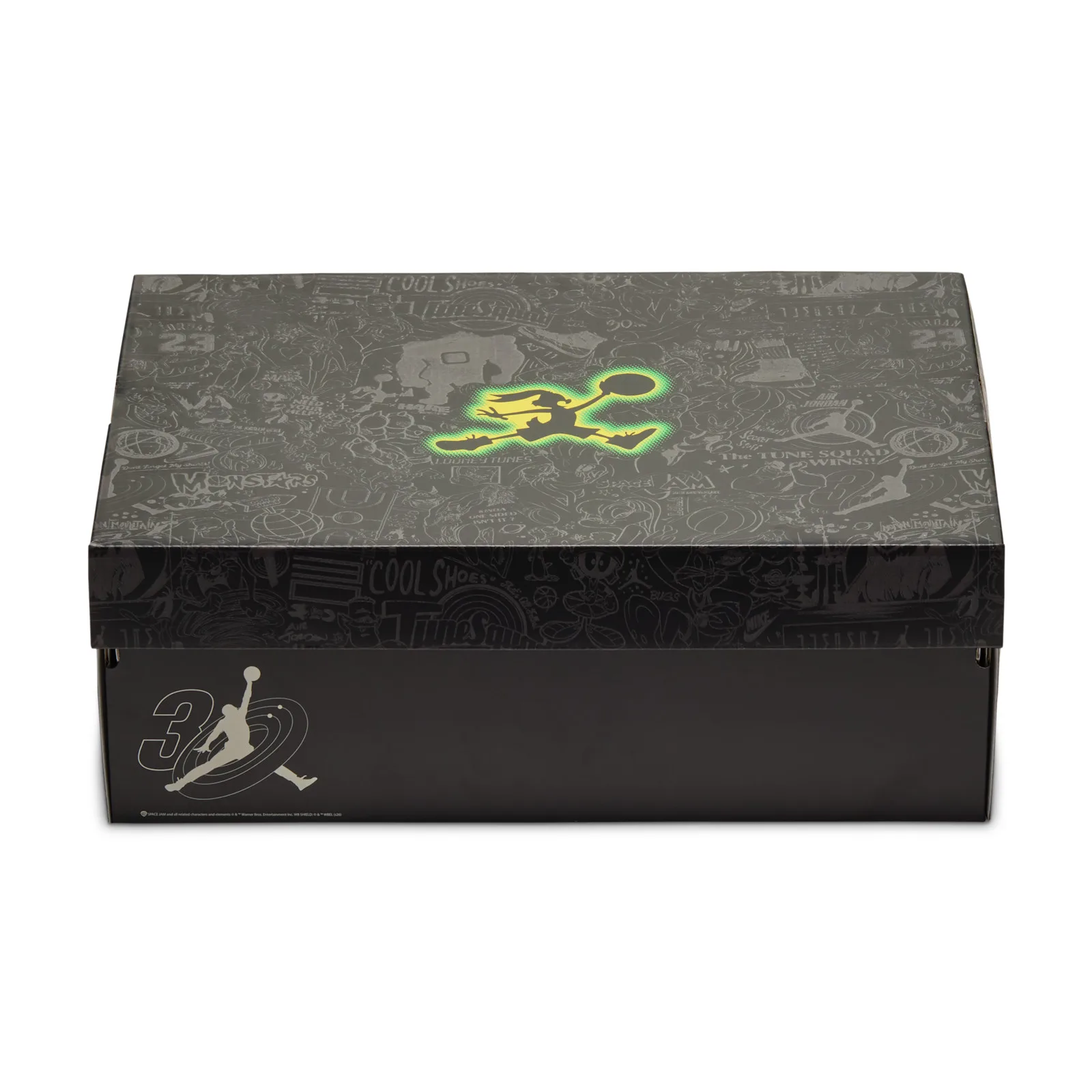 Closed black shoebox with grey cartoon doodles, 'Cool Shoes' text and glowing green Jumper logo, Air Bugs