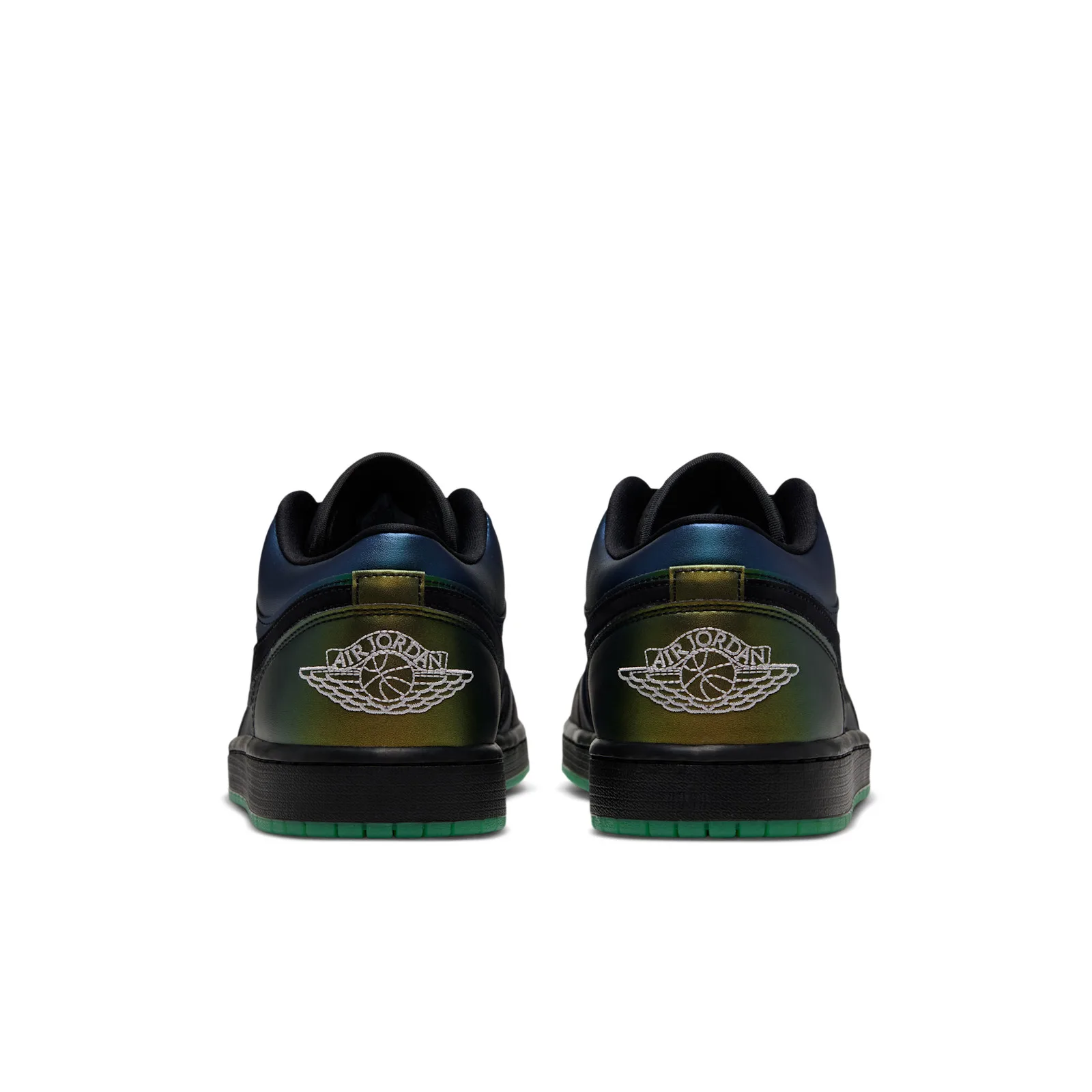 Heel view of pair with white Air Jordan wings logo on iridescent heel tabs, green sole, Air Bugs