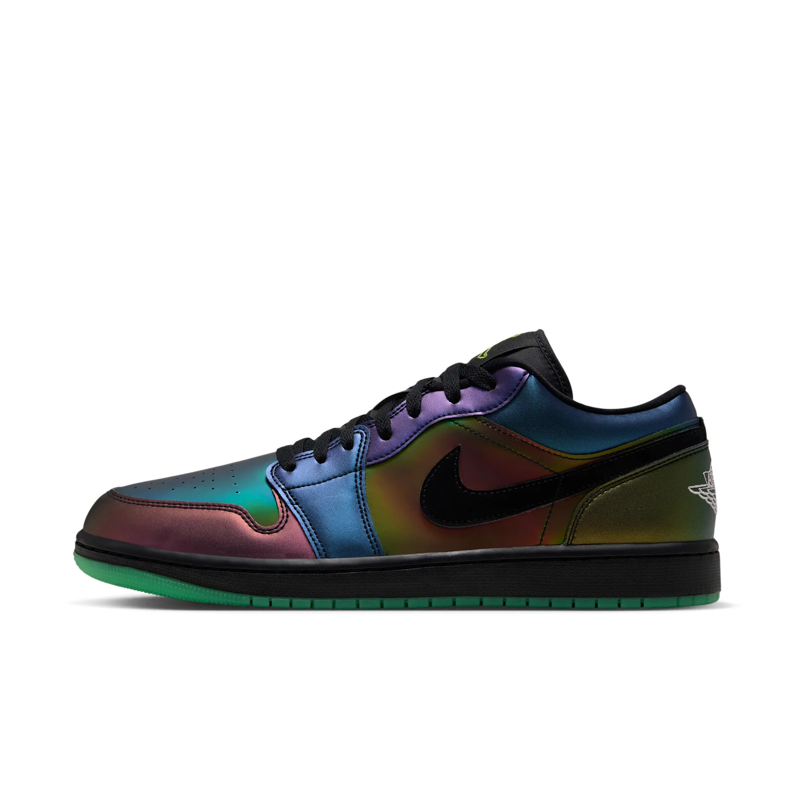 Lateral view of iridescent multicolour upper with black swoosh and black midsole over green outsole, Air Bugs