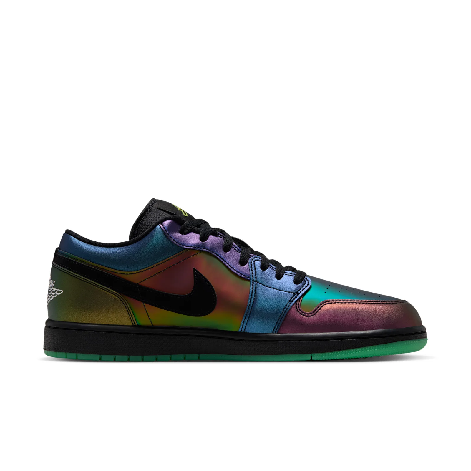Medial view with iridescent panels, black swoosh and winged logo at heel, green outsole edge, Air Bugs