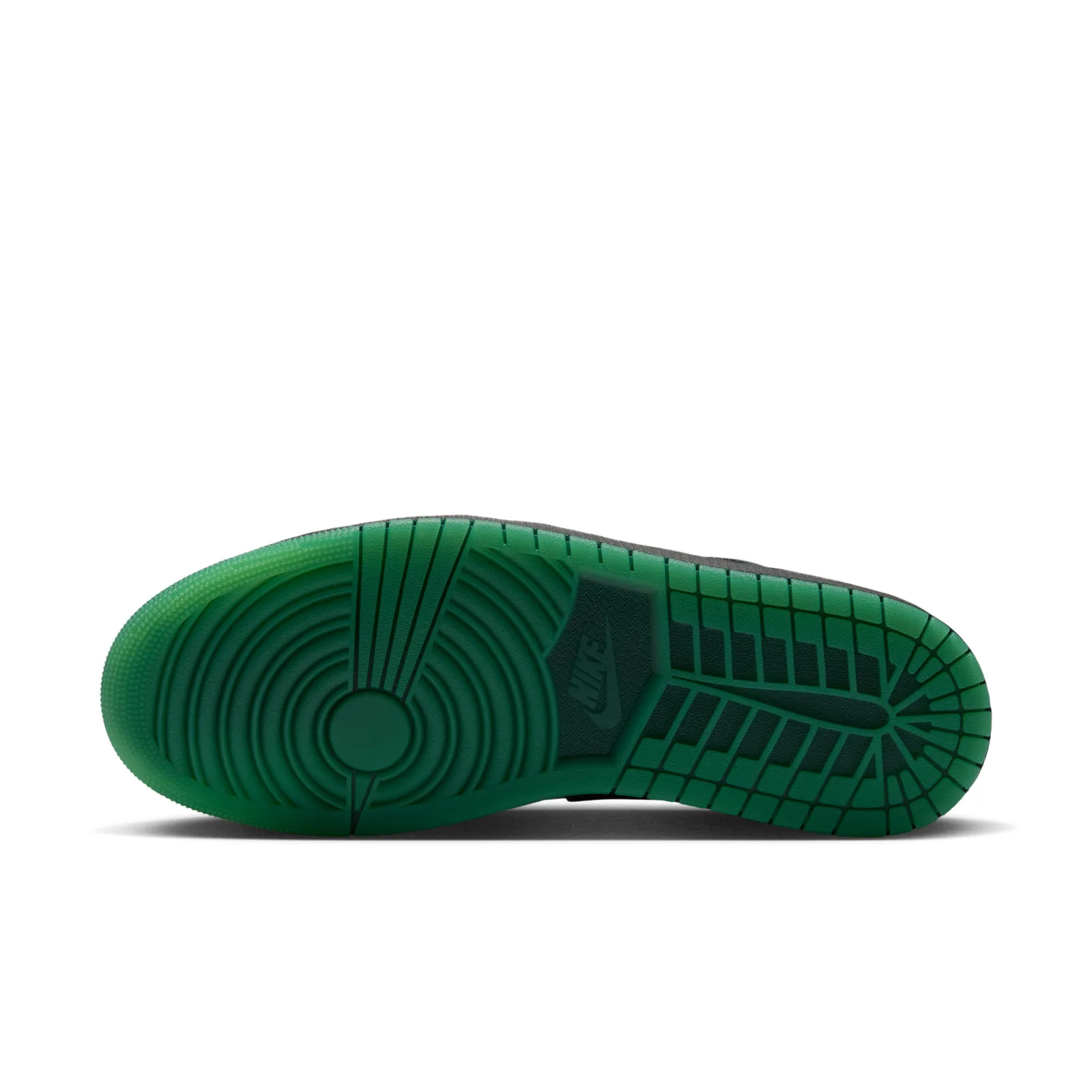 Outsole view in green with circular pivot pattern, herringbone tread and small Nike logo, Air Bugs