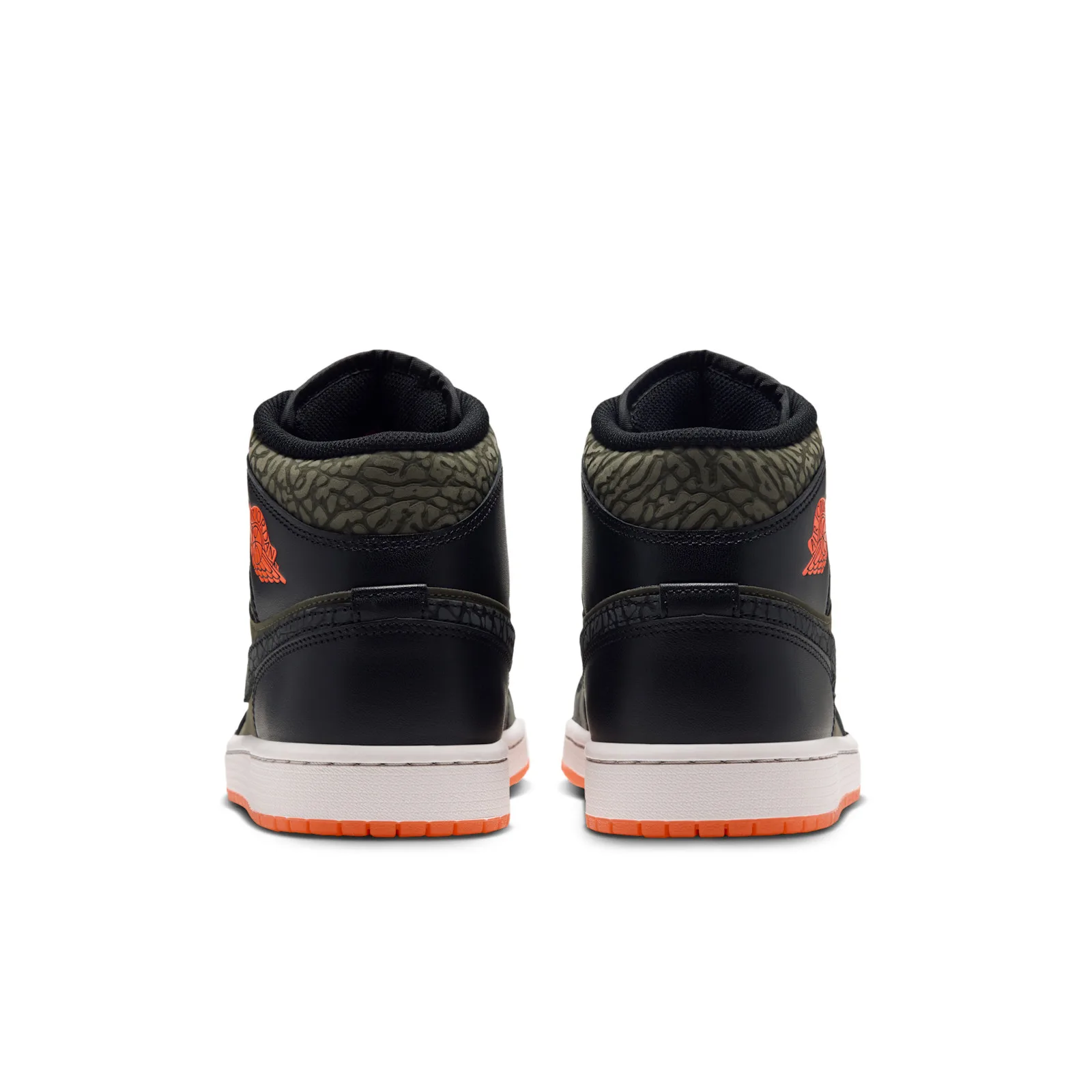 Heel view of pair, olive elephant-print collar, black heel, orange wings logos, Flight Jacket