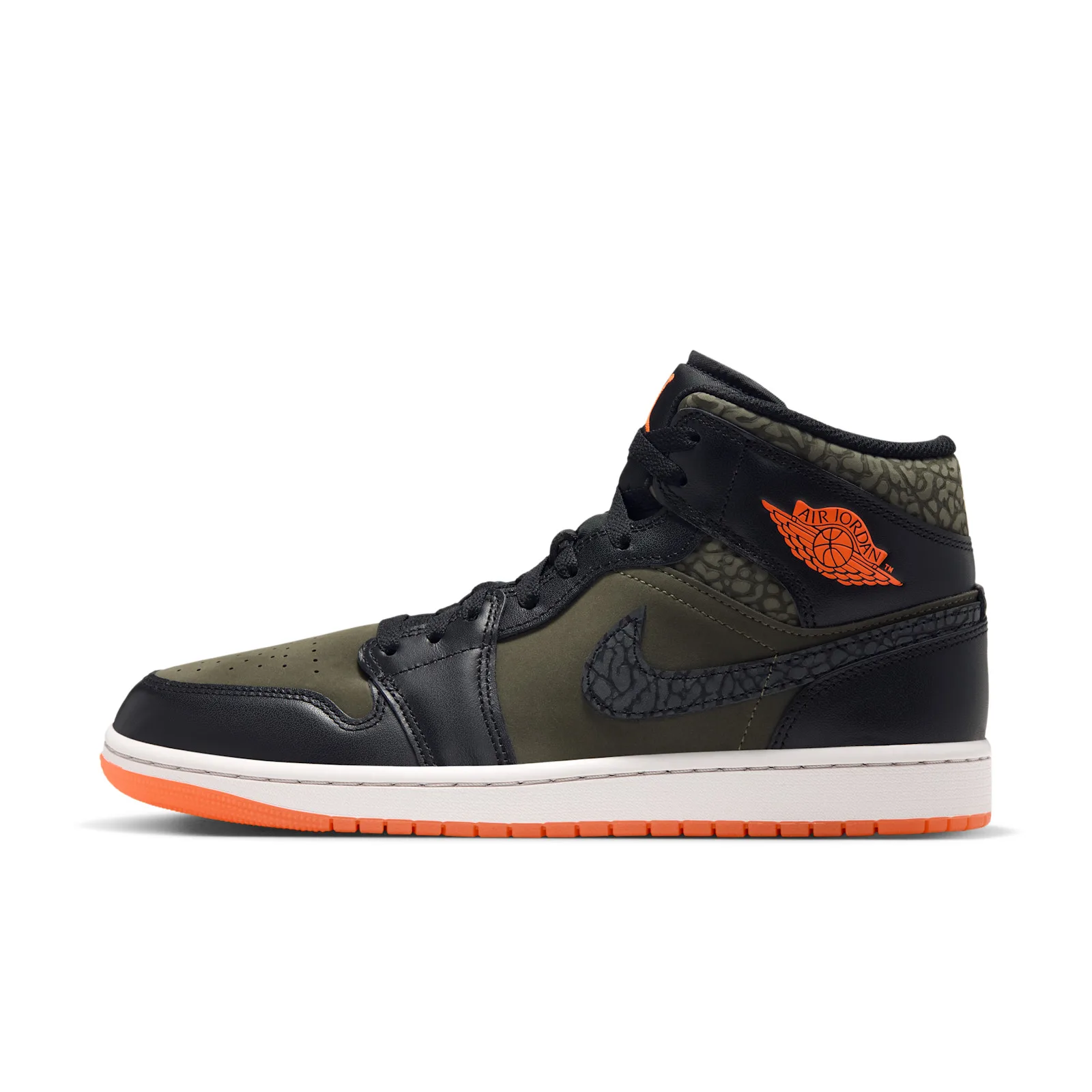 Lateral view on white, olive nubuck panels, black leather, orange wings logo, orange outsole, Flight Jacket