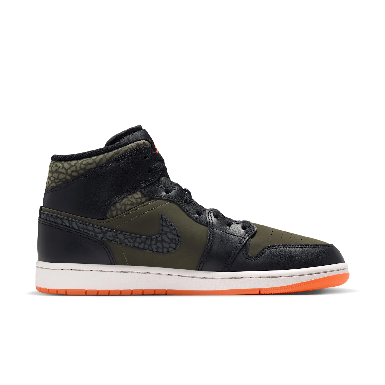 Medial view on white, black swoosh with elephant print, olive nubuck, orange outsole edge, Flight Jacket