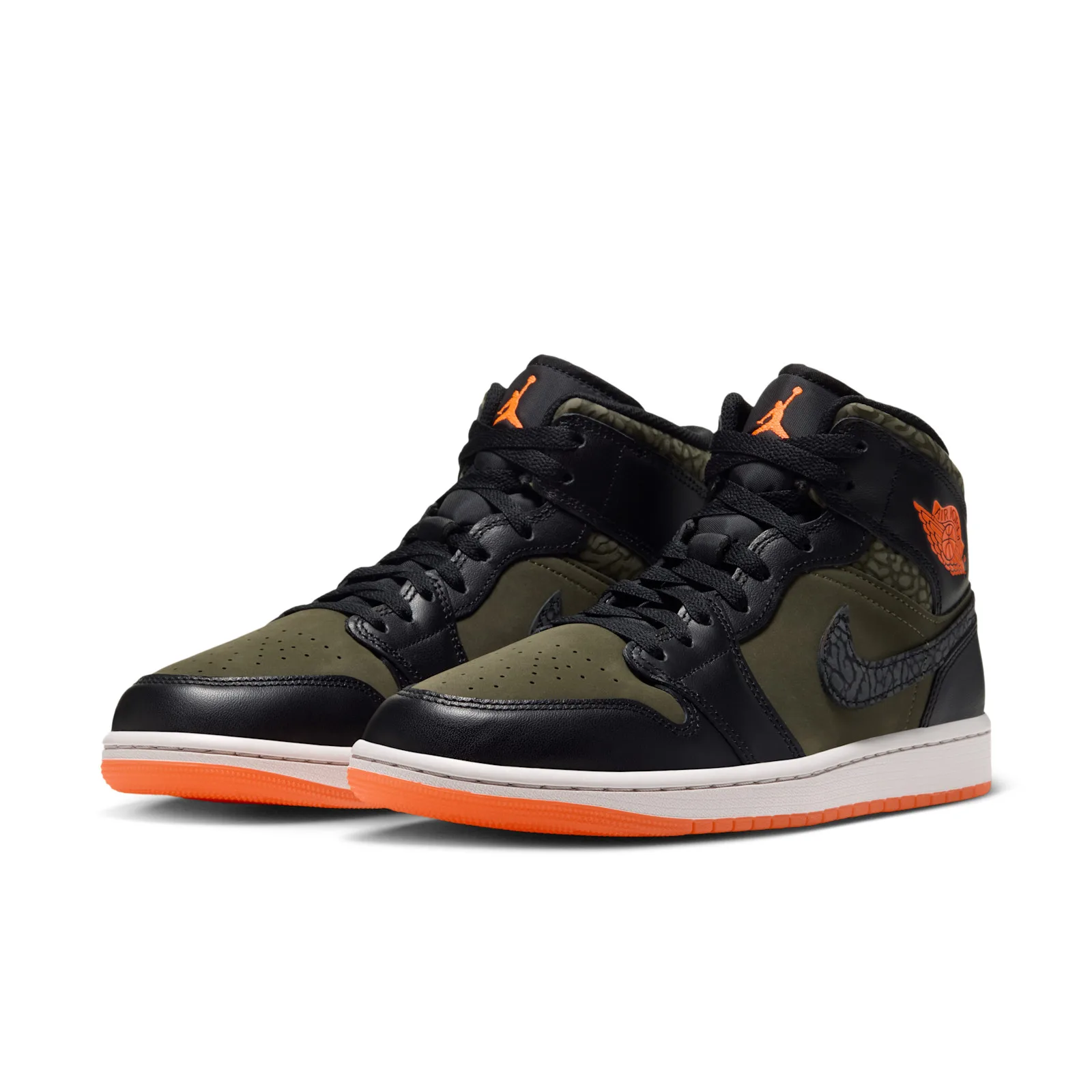 Pair angled front view, olive and black upper, orange Jumpman on tongue, orange outsole, Flight Jacket