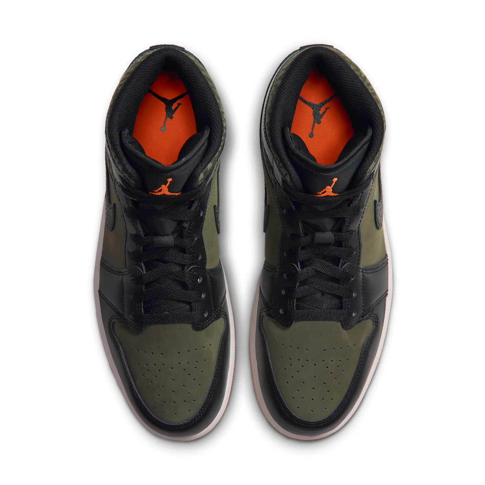 Top-down view of pair, olive toe boxes, black laces, orange insoles with Jumpman logo, Flight Jacket