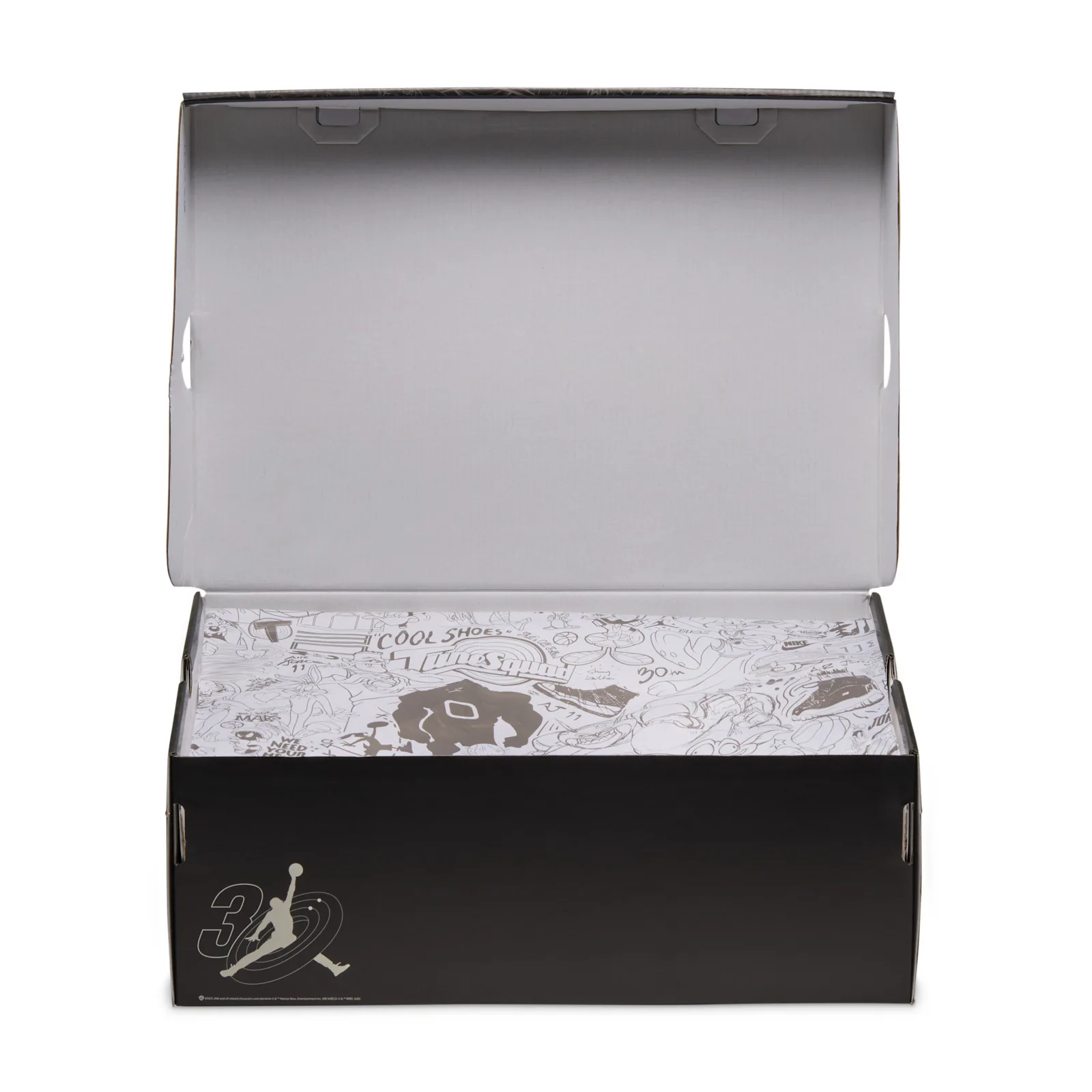 Open shoe box showing white tissue paper with black cartoon sketches and Cool Shoes text, Air Bugs