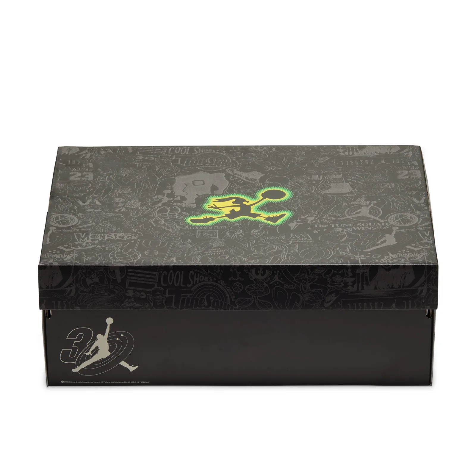 Closed black shoe box with green glowing jumpman and grey cartoon doodles, 30 logo on side, Air Bugs
