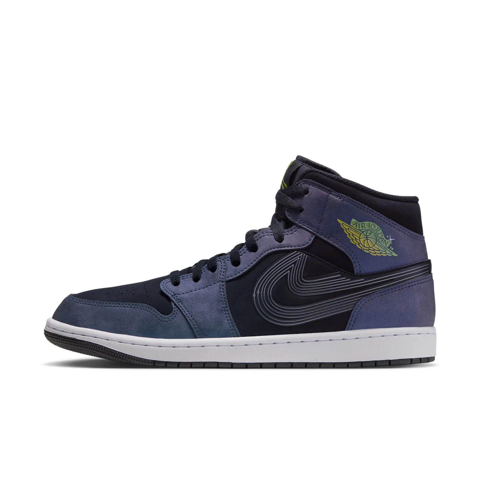 Lateral view on white background, navy and black upper, outlined grey swoosh, white midsole, Air Bugs