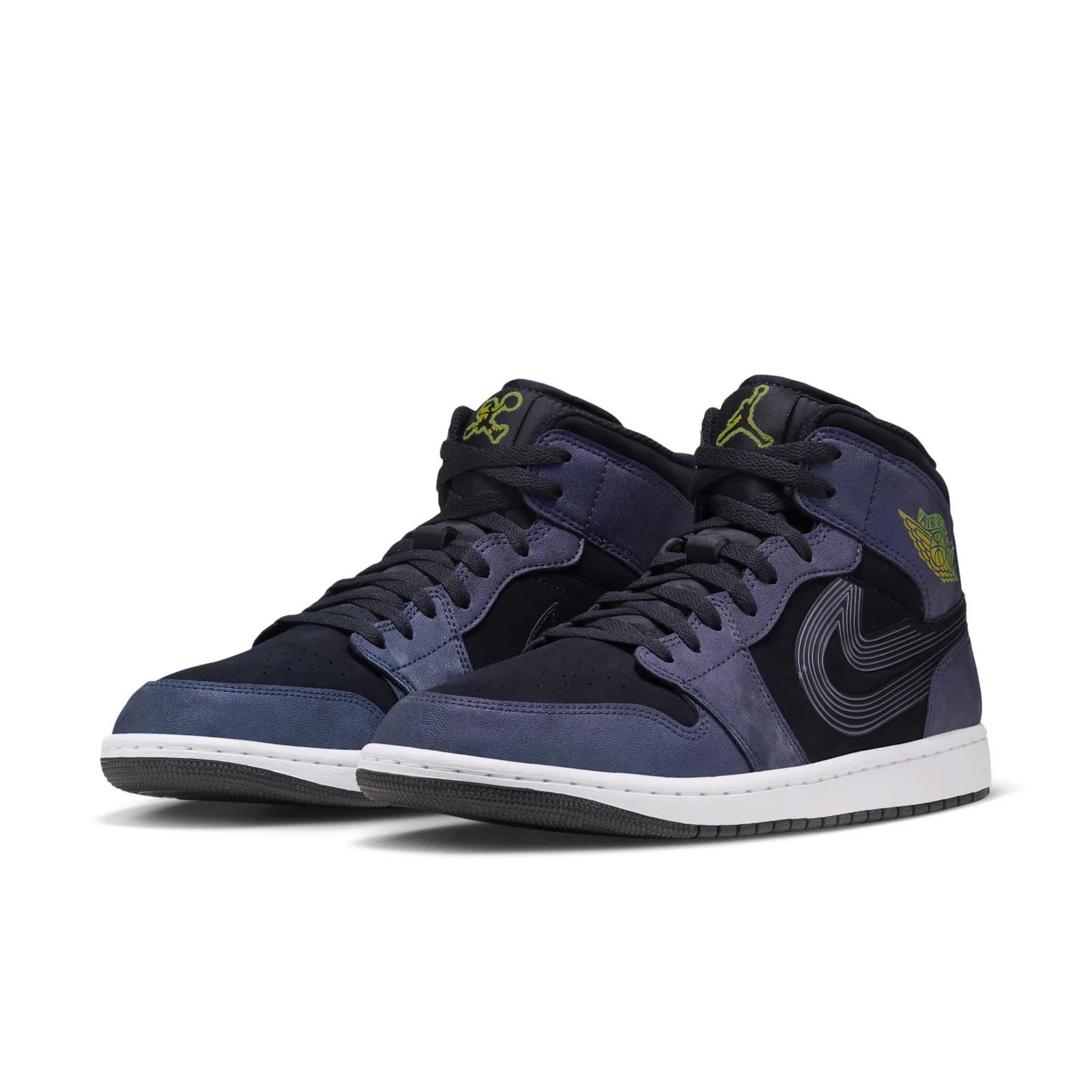 Pair at three-quarter angle, navy and black panels, green embroidered jumpman on tongue, Air Bugs