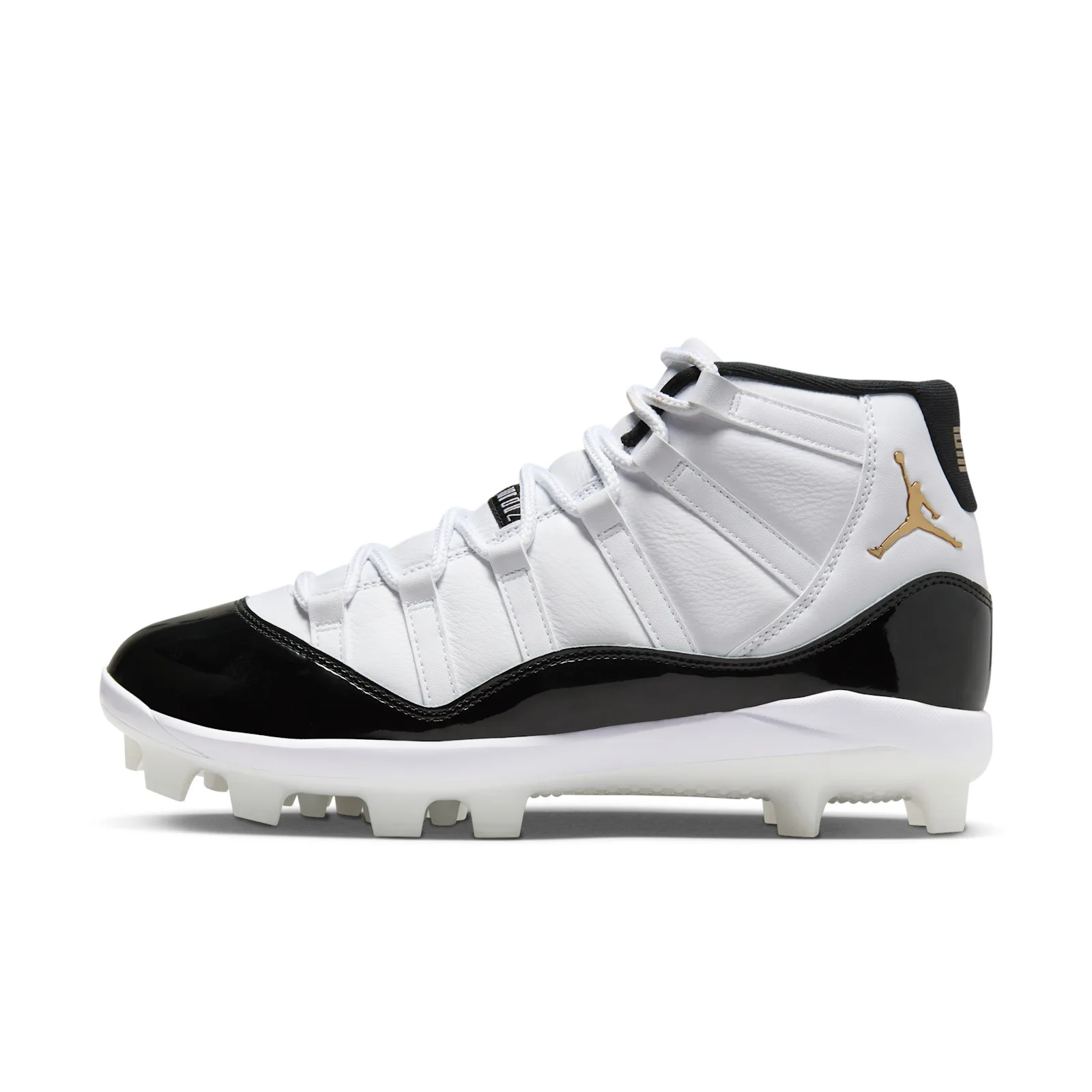 Lateral view on white background: white leather upper, black patent toe, gold Jumpman on ankle, white cleat sole, DMP