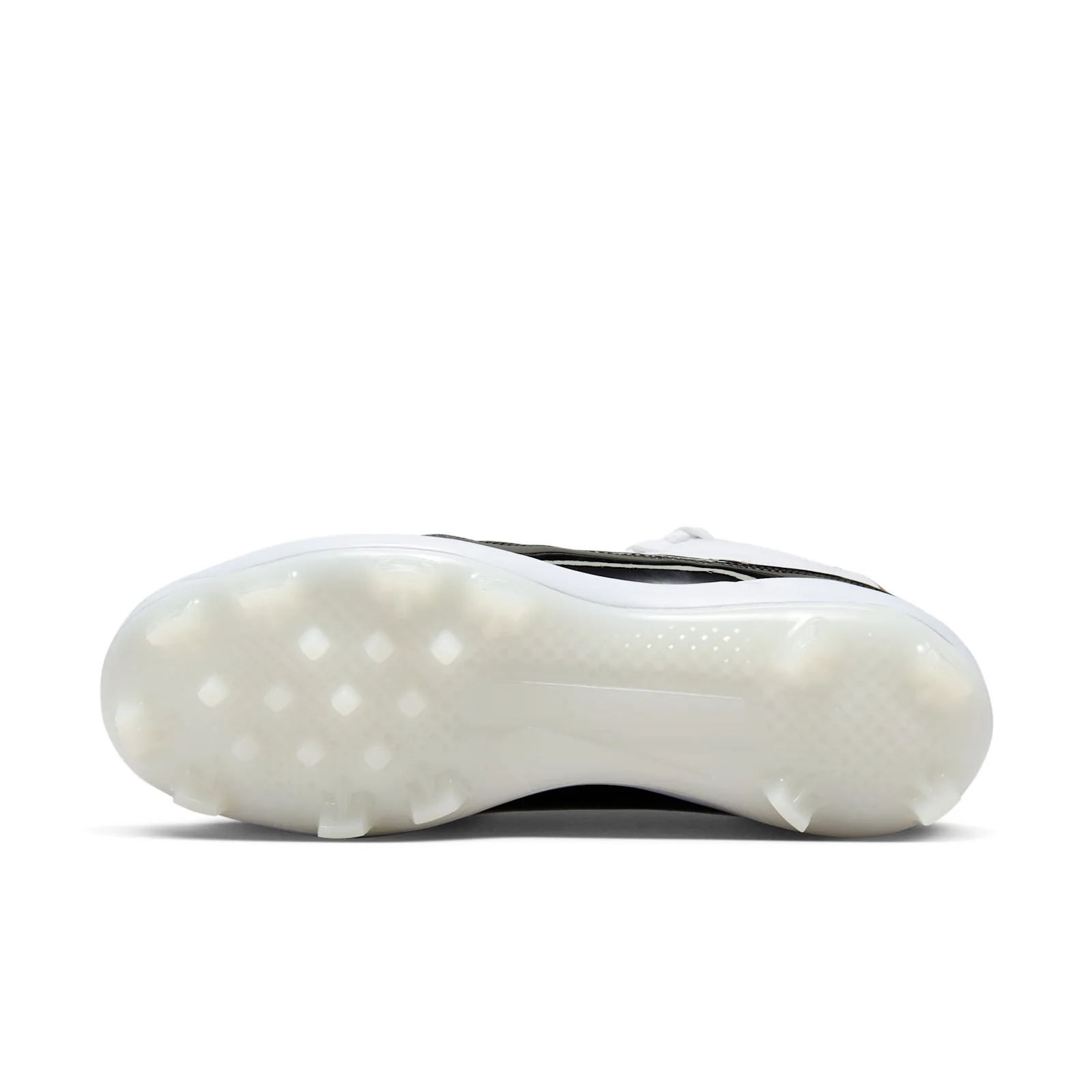 Outsole view of translucent white cleat plate with studs, black patent edge visible on the side, DMP