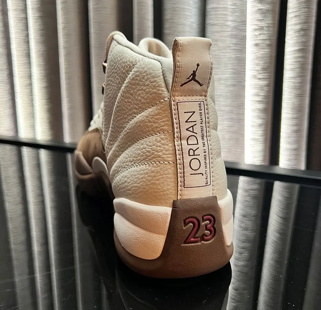 heel view, cream leather with Jordan wordmark tab and maroon '23' on brown heel tab, Fireside