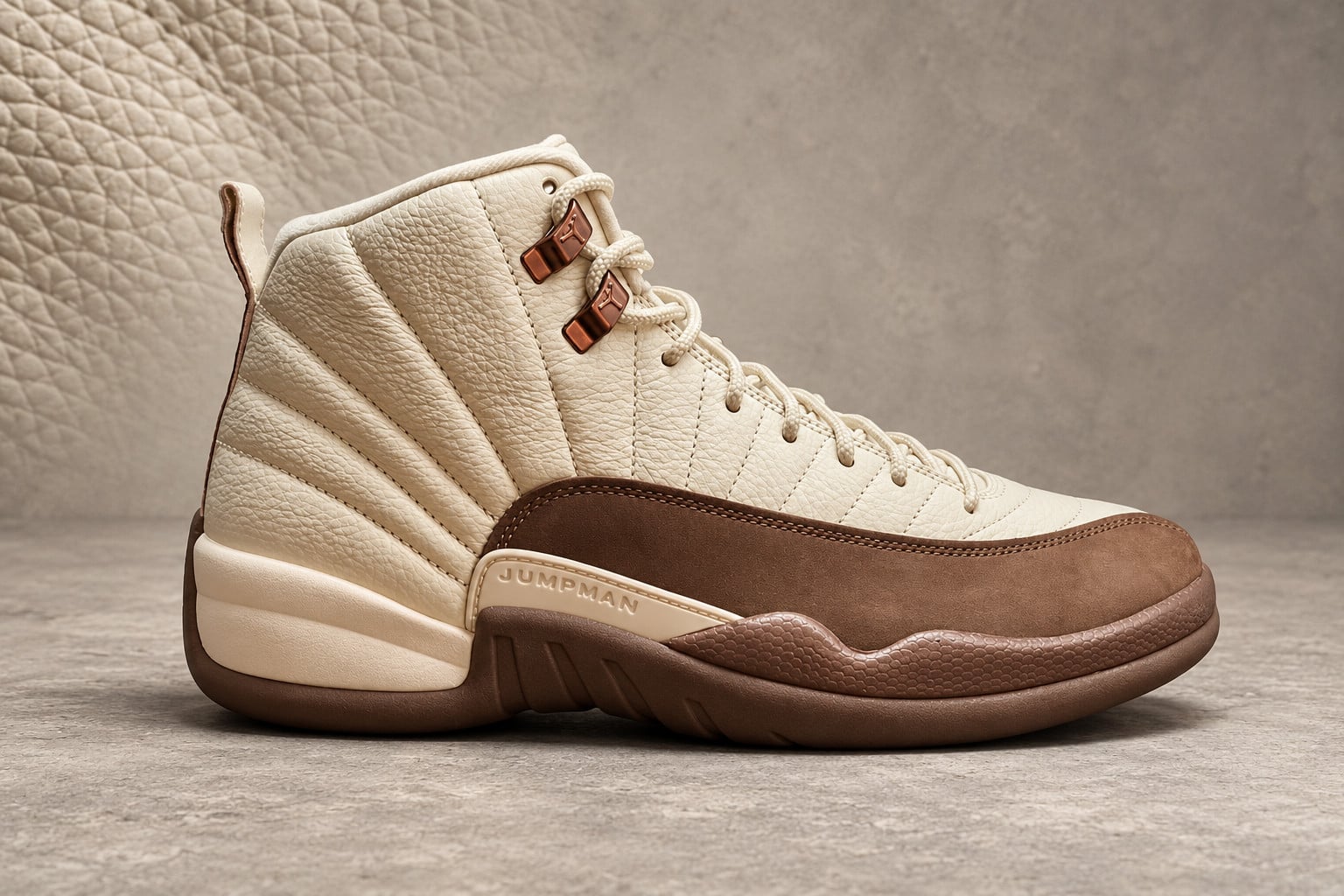 lateral view, cream pebbled leather fan panels with dark brown suede toe overlay, Air Jordan 12 “Fireside”